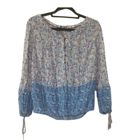 Lucky Brand EUC size S pastel pink/blue boho cottage prairie tie sleeve top - Picture 1 of 5